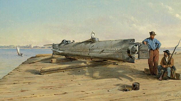 Confederate soldier-artist Conrad Wise Chapman sketched the submarine “Hunley” while stationed in Charleston, South Carolina during the Civil War, and later created this full-color image from his sketches and notes. Submarine Boat H.L. Hunley by Conrad Wise Chapman.