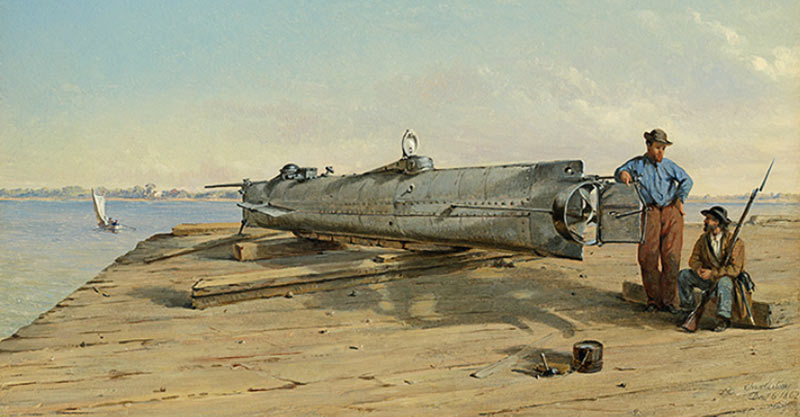 Confederate soldier-artist Conrad Wise Chapman sketched the submarine “Hunley” while stationed in Charleston, South Carolina during the Civil War, and later created this full-color image from his sketches and notes. Submarine Boat H.L. Hunley by Conrad Wise Chapman. 